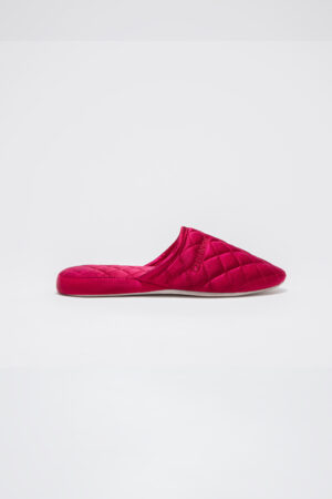 Women's Silk Lounge Shoes in rose red, satin sheen, and time-consuming diamond quilting for chic at-home style.