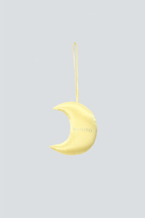 Golden MANITO moon ornament with a subtle shimmer, for Christmas tree decoration.