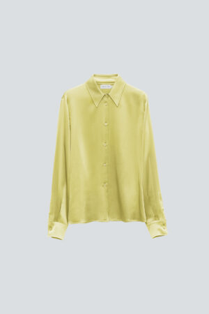 Flat-lay of the yellow green Vibrant Silk Shirt with a clean front button design.