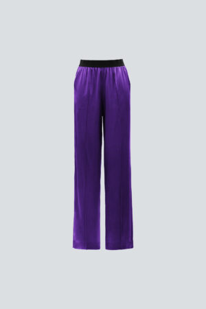 Front view of purple Vibrant Silk Pants with black waistband and straight leg cut.