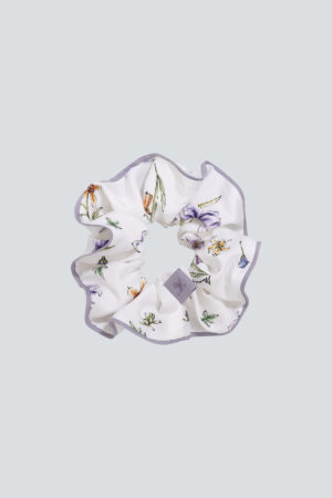 Brilliant White Silk Scrunchie with Iris Print by MANITO