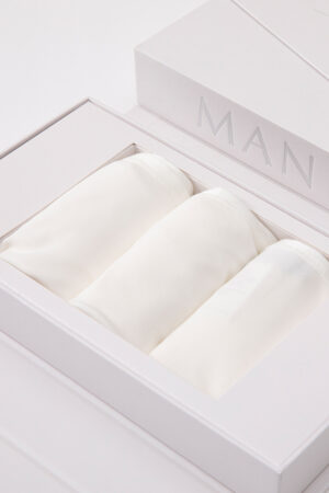 New Soft Women's Modal Silk Boyshorts Gift Box with three ivory briefs neatly folded.