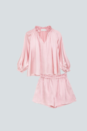 Sophia Ruffle Trim Blouse and Shorts Set in pink with gathered neckline and ruffled elastic waistband.