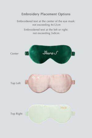 Assorted silk eye masks by Manito showing embroidery placement options: text in the center of green, text on top left of pink, and text on top right of mint, highlighting the flexible for customization.