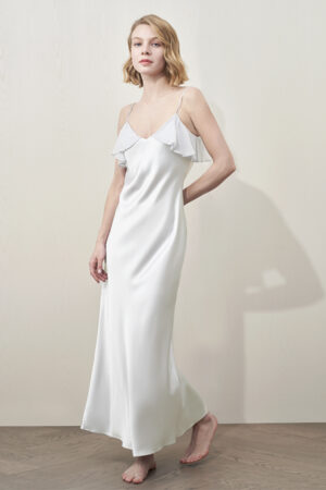 MANITO Aurora Silk Nightdress in white, full-length view worn by model, showcasing fluid drape and minimalist design.