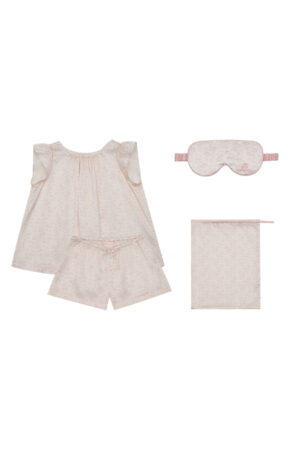 Flat lay of BONPOINT×MANITO Ailette Kid's Pajama Set Gift Box featuring silk top, shorts, eye mask, and matching pouch.