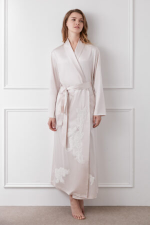 Front view of MANITO Camellia Silk Long Robe showing camellia embroidery patterns and casual tie belt.