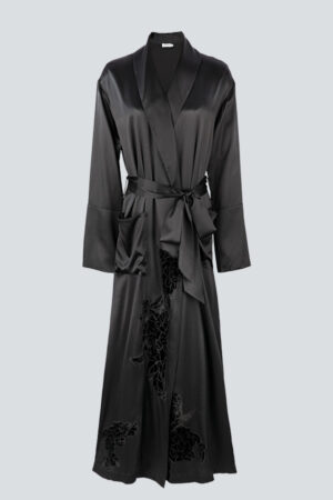 Black MANITO Camellia Silk Long Robe showcasing camellia embroidery, casual tie belt, and deep color elegance.