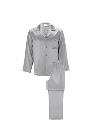 MANITO Chemise Mashinen Men's Silk Pajama Set in silver grey, featuring a long-sleeve shirt and matching pants.