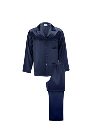 MANITO Chemise Mashinen Men's Silk Pajama Set in deep navy blue, classic relaxed-fit silhouette with notch collar and chest pocket.