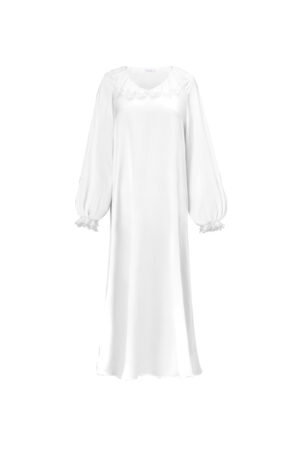 Court Women's Nightdress flat lay in white, A-line cut with dropped puff sleeves and lace cuffs in soft silk.