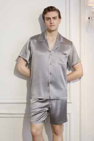 Man in Flint Gray Authentic Men's Short Silk Pajama Set with elegant piping detail.