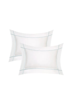 Pair of MANITO Fluora Silk Pillowcases in mint green piping design, presented on a white background for product display.