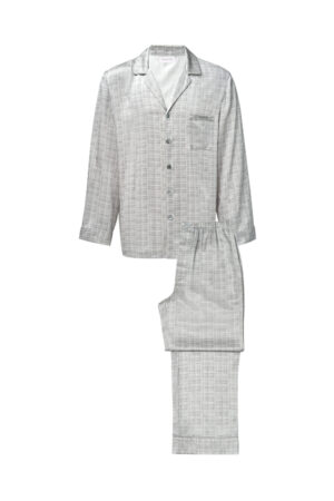 Greywake Men's Pajama Set flat lay, featuring tonal grey check patterns with refined piping and modern tailoring.