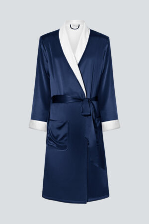 Product-only view of navy MANITO silk terry cloth robe for men, featuring white lapel and matching belt.