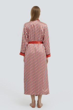Back view of Infinite Women's Long Silky Robe showing geometric pattern and contrast collar on model.
