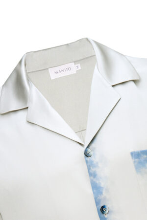 Close-up of Inkmark Men's Pajama Set collar, highlighting the smooth touch and ocean-inspired gradient for relaxed evening wear.