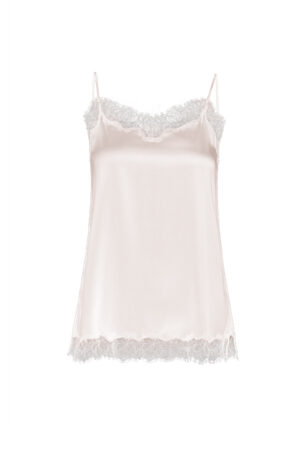 MANITO Latica Lace Silk Camisole Top in blush pink, flat lay with scalloped lace details.