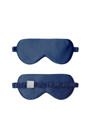 Navy Light Eye Mask displayed front and back, crafted with breathable silk filling and flexible strap for secure comfort.