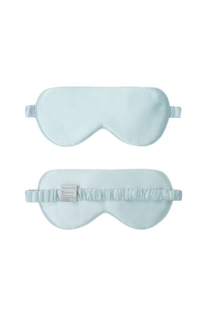Front and back views of Light Eye Mask in soft blue silk with elastic strap and featherlight padding for gentle comfort.