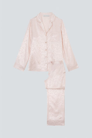 MANITO Loving Women's Pajama Set in light pink silk jacquard, featuring an all-over heart pattern and relaxed fit.