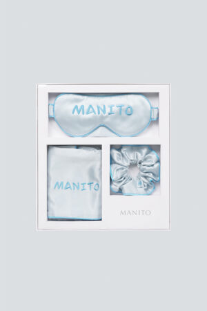 Baby blue MANITO macaron silk eye mask gift box presented.