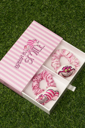 Gift box of MANITO DISNEY Cheshire Collection Hair Scrunchies with two pink silk designs featuring Cheshire Cat.
