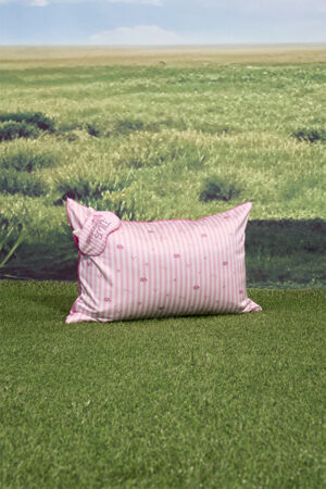 Pink striped silk pillow from MANITO DISNEY Cheshire Collection Sleeping Gift Box with matching eye mask on grass.