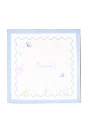 Flat lay of MANITO Ocean Wave Silk Scarf fully displayed with marine life illustrations and soft wave border.