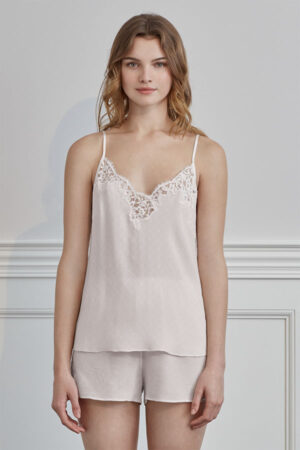Monogram Women's Camisole Set in pearl pink with delicate lace trim and jacquard pattern.