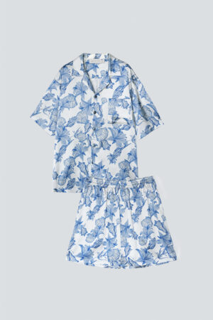 Full display of MANITO Ocean Blue Men's Silk Short Pajama Sets, including a top and matching shorts.