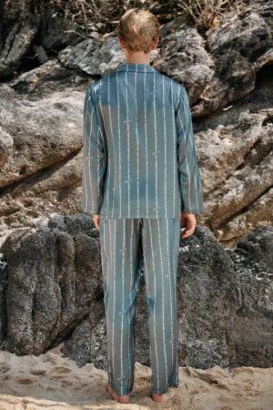 Back view of MANITO Ocean Stripe Men's Pajama Set showing full-length sleeves and pants with continuous white stripe pattern.