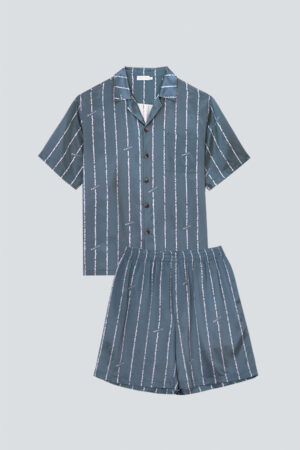 Flat lay of MANITO Ocean Stripe Men's Short Pajama Set showing short-sleeve top and shorts with vertical stripes.