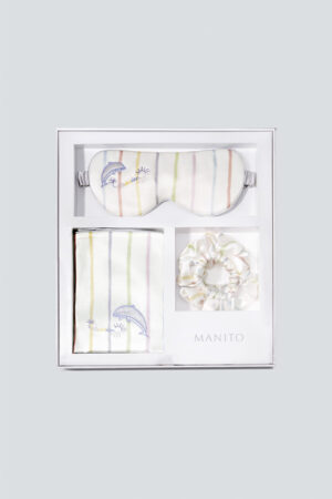 MANITO Ocean Stripe Sleeping Beauty Gift Box containing a silk eye mask, pillowcase, and scrunchie, perfect for gifting.