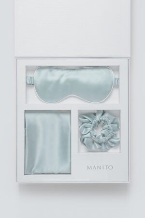 Sleeping Beauty Gift Box with silk eye mask, scrunchie, and pillowcase in a chic presentation box by MANITO.