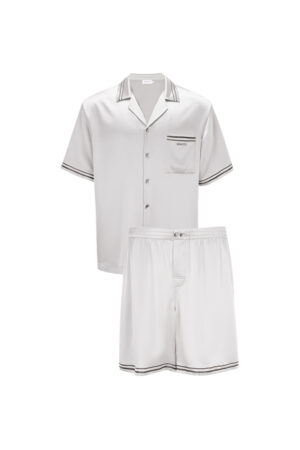 MANITO Ribbon Men's Short Pajama Set flat lay in silver color, showing button-up shirt and matching shorts.