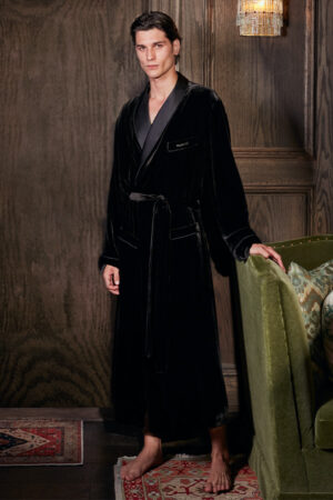 Full-body front view of model in MANITO velvet robe for men, highlighting its relaxed silhouette and elegant cut.