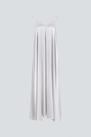 Front view of a nimbus cloud white Serene Silk Long Dress hanging, highlighting its sleek design.
