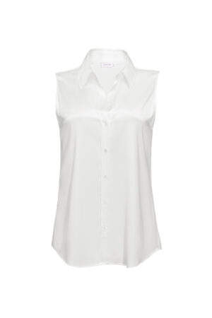 Flatlay of MANITO Signature Women's Silk Sleeveless Shirt in white with curved hem and full button line.