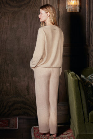 Back view of Teddy Women's Cotton Wool Knit Lounge Set in beige, showcasing soft drape and simple seam lines.