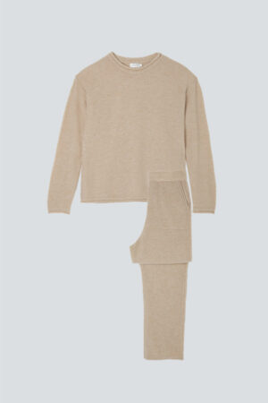 Flat display of Teddy Women's Cotton Wool Knit Lounge Set in beige, featuring wide-leg pants with patch pockets.