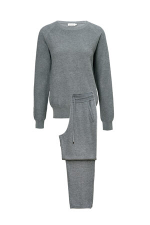Gray Terra Knit Set flat lay, showcasing the minimal silhouette and cozy wool-silk-cashmere blend texture.