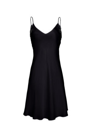 Flat lay of black MANITO Wedding Floral Lace Silk Mini Dress showing front and lace straps.