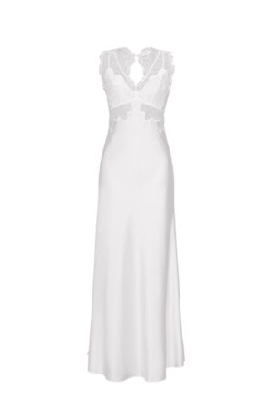MANITO Wedding Lace Silk Maxi Dress in white with back lace panel.