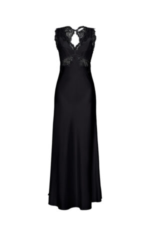 MANITO Wedding Lace Silk Maxi Dress in black featuring floral lace accents.