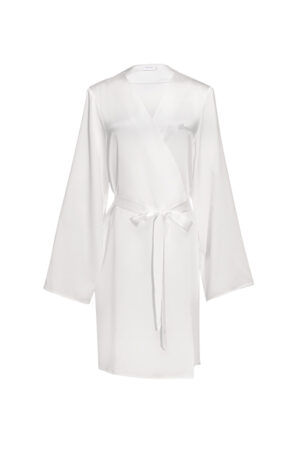 Flat lay of white MANITO Wedding Women's Embroidered Silk Short Robe.