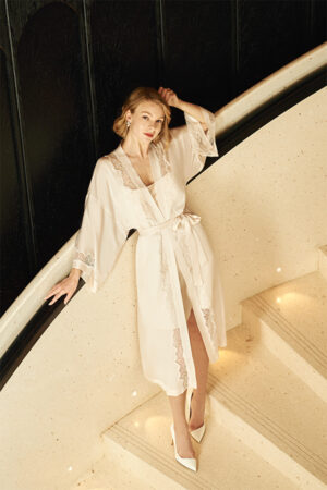 MANITO Wedding Women's Lace Silk Long Robe tied at the waist with belt, full front view.