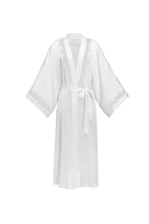 MANITO Wedding Women's Lace Silk Long Robe in white shown flat with lace trim.