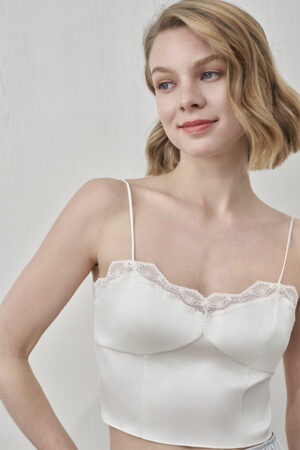 MANITO Windy Lace Silk Camisole Top with delicate lace trim and structured cups in ivory.