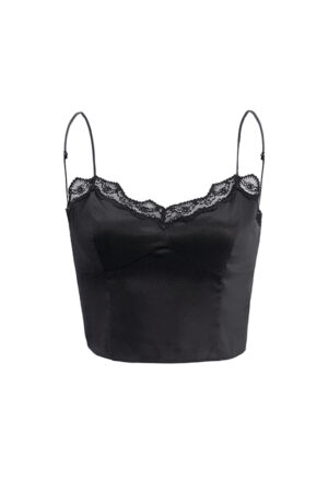 MANITO Windy Lace Silk Camisole Top in black with scalloped lace trim.